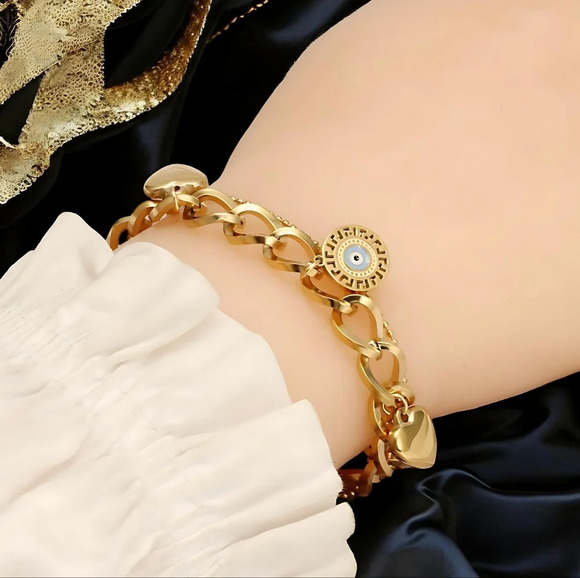 🆕️18K Gold Plated Stainless Steel Double Chain Bracelet Heart Evil Eye Charm 🌟 - Picture 3 of 9